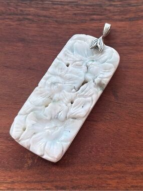 Large Carved White & Light Blue Larimar Floral Pendant Silver Leaves Bail